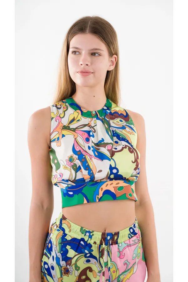 Kadın Yeşil Pembe Desenli Bluz Pantolon Takım HZL22S-YY298