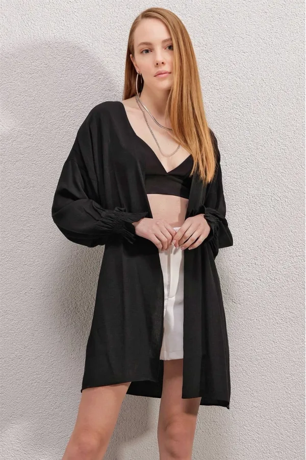 Women's Black Ruffle Sleeve Elastic Loose Kimono HZL23S-BD158821