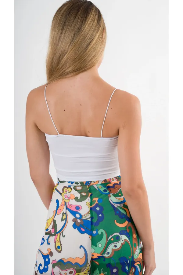 Kadın Yeşil Pembe Desenli Yüksek Bel Bol Paça Pantolon HZL22S-YY284