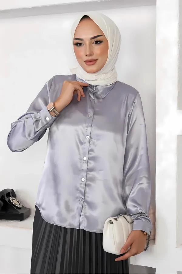 Chemise hijab grise satinée pour femme HZL25W-BD139641