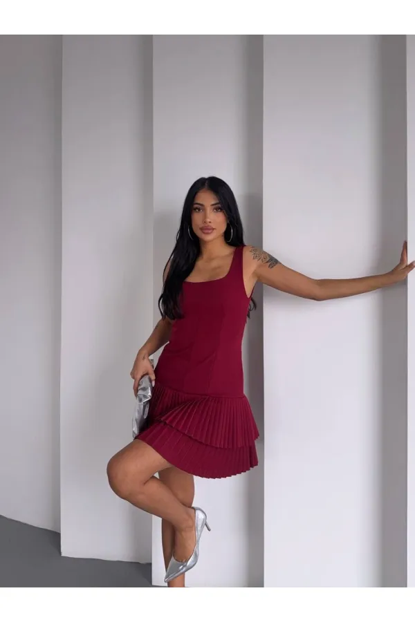 Kadın Bordo Pileli Şortlu Mini Elbise HZL25S-FRY122991