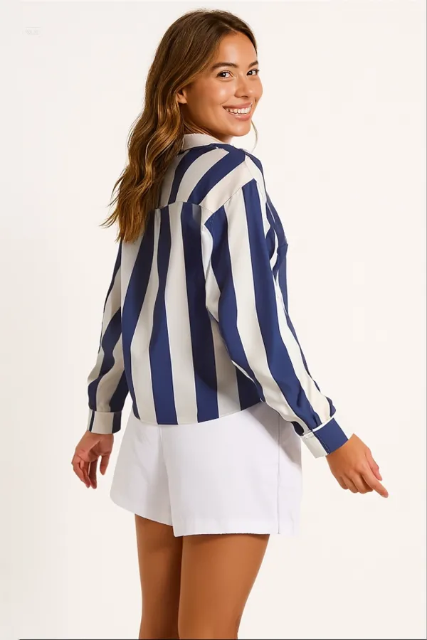 Kadın Lacivert Krem Çizgili Saten Gömlek HZL23S-BD1201731
