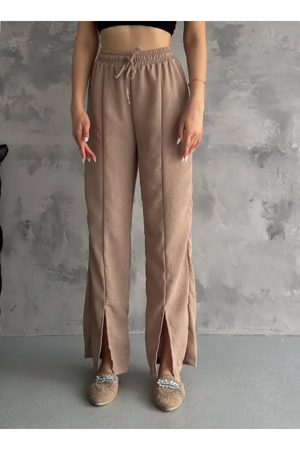 Kadın Bisküvi Lastikli Bel Yırtmaç Detaylı Cepsiz İthal Keten Astarsız Pantolon HZL24S-FRY121941