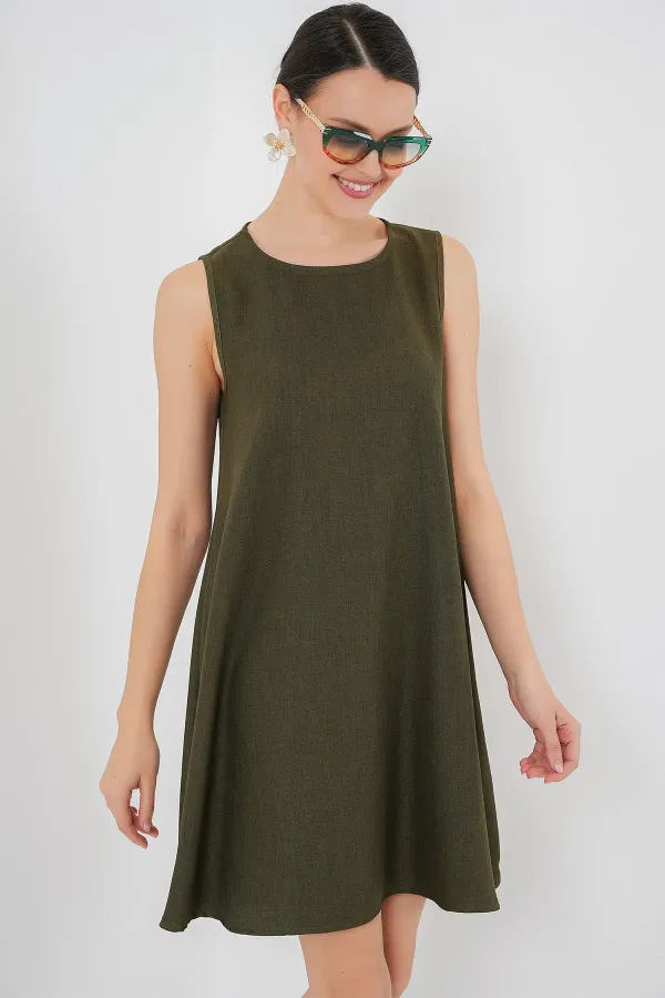 2444 Mini Keten Elbise - Haki