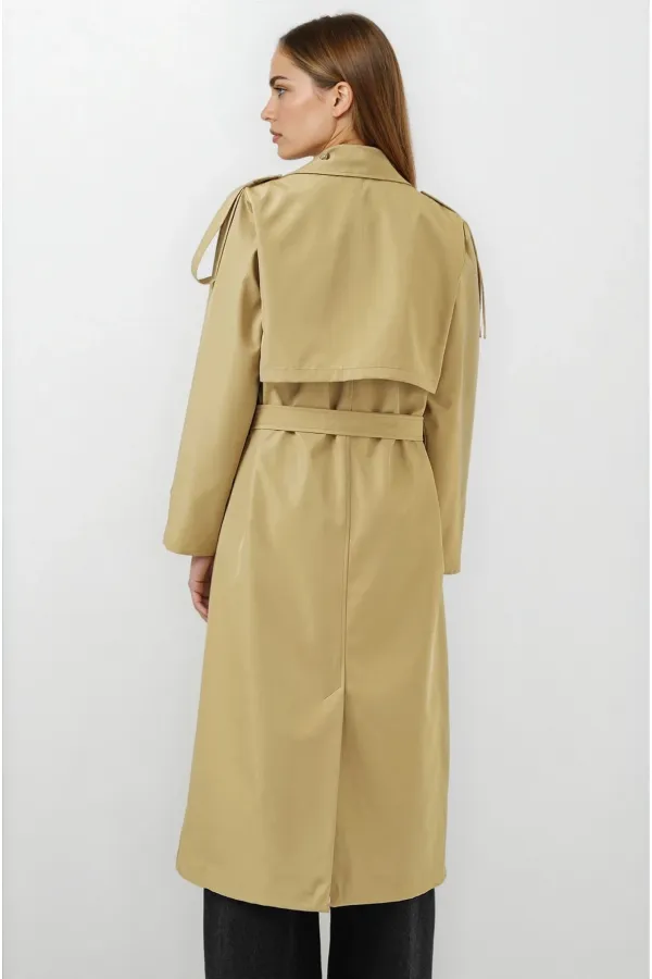 Kadın Yağ Yeşili  Kruvaze Yaka Astarlı Kemerli Mevsimlik Trençkot HZL25W-BD159411