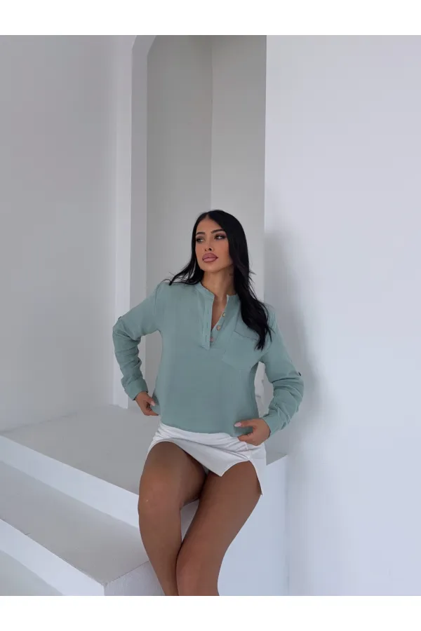 Kadın Çağla Yeşil Hakim Yaka Müslin Gömlek Bluz HZL25S-DSB1515