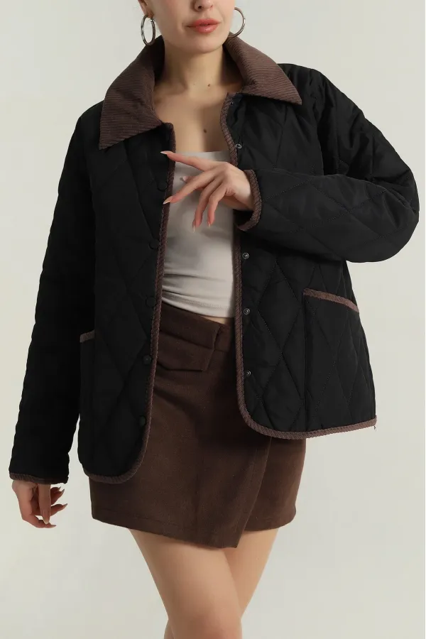 Kadın Siyah Çıt Çıt Kapamalı Kadife Detaylı Kapitone Mont HZL25W-BD152261