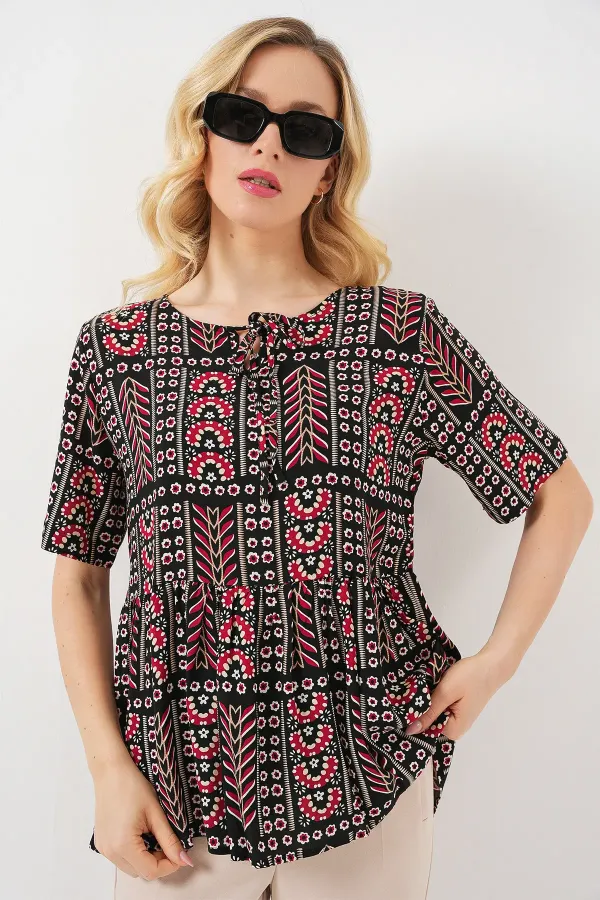 Chemisier à manches courtes à motifs pour femme 969 - Noir