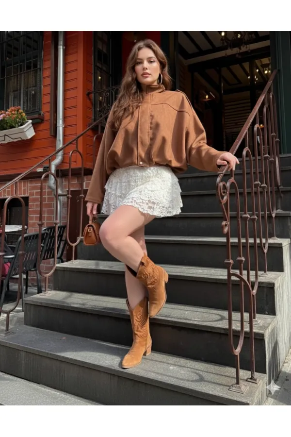 Kadın Kiremit Oversize Fermuar ve Çıt Çıt Kapamalı Cepsiz Süet Deri Ceket HZL25W-BD107301