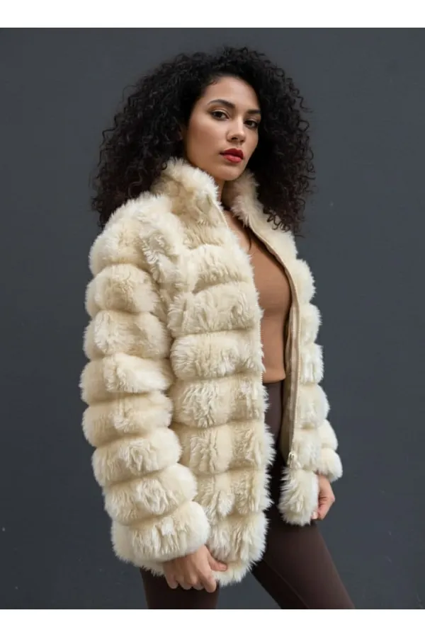 Kadın Açık Krem Şık Peluş Suni Kürk Ceket HZL23W-DSB110061