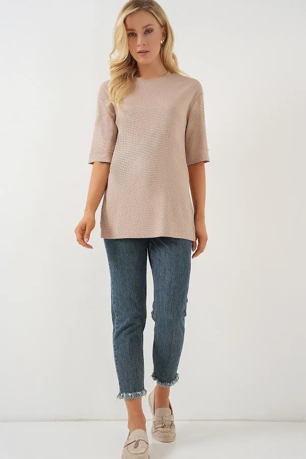 4332 Side Slit Knitted T-Shirt - Biscuit