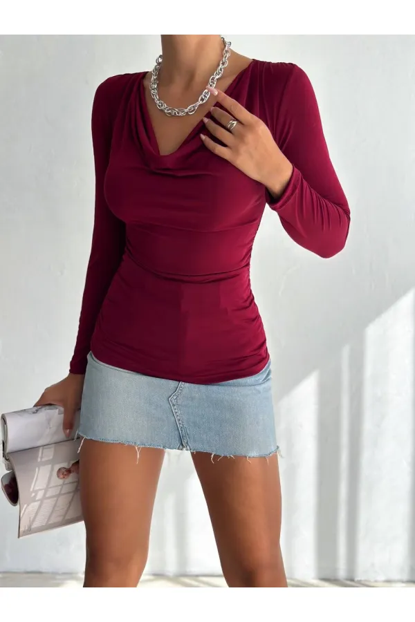 Kadın Bordo Degaje Yaka Yandan Büzgülü Uzun Kol Sandy Bluz HZL24W-FRY122481