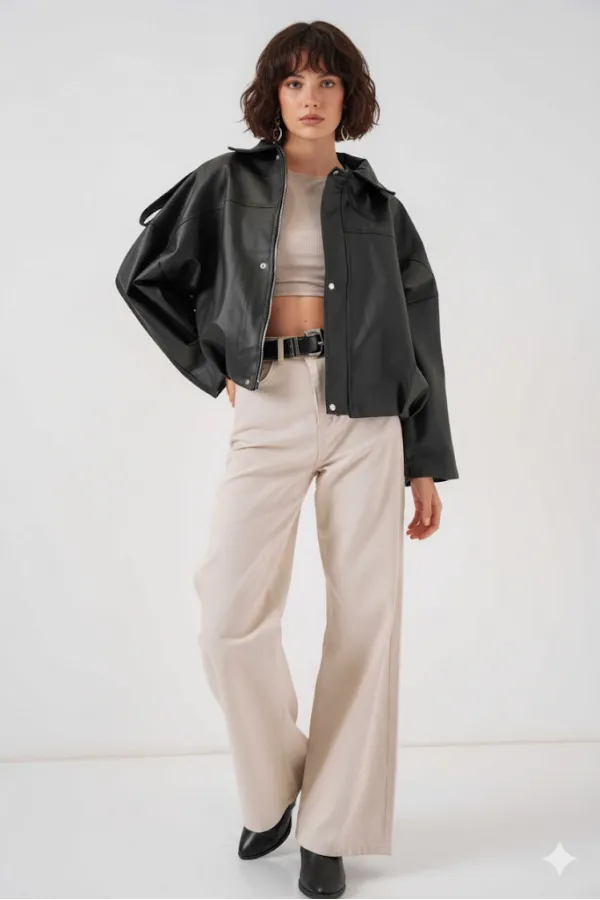 Kadın Siyah Oversize Fermuarlı ve Düğmeli Yandan Cepli Suni Deri Ceket HZL25W-BD110551