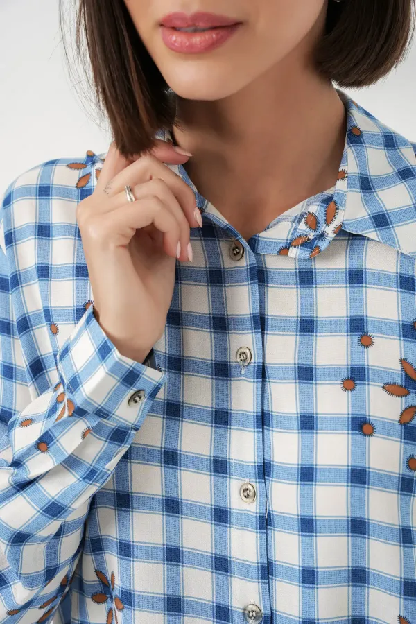 Kadın Desenli Oversize Viskon Gömlek 20371 - Mavi