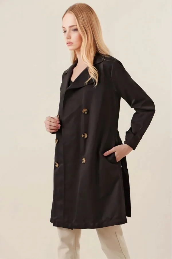 Trench-coat court noir à double boutonnage pour femme, non doublé, confortable et de saison, avec ceinture (HZL23S-BD158641)