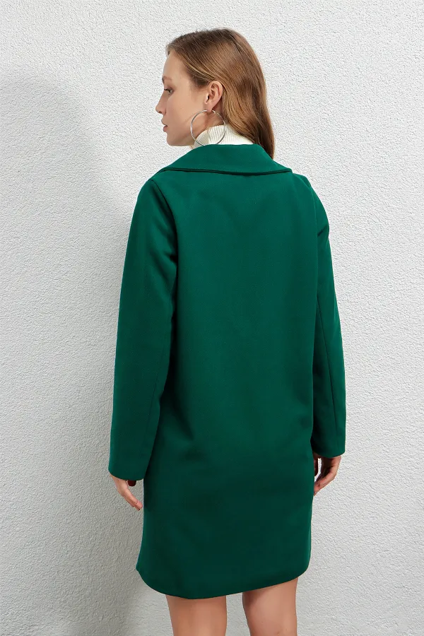 Kadın Zümrüt Yeşili Tek Düğmeli Çift Cepli Astarlı Şık Kaşe Kaban HZL23W-BD190851