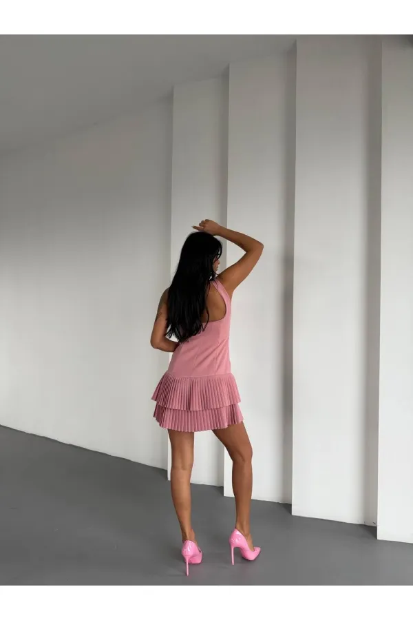 Kadın Pembe Pileli Şortlu Mini Elbise HZL25S-FRY122991