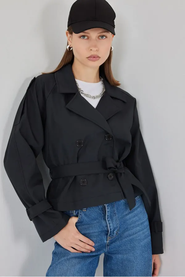 Trench-coat court ceinturé pour femme 5970 - Noir