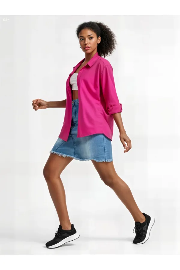 Kadın Koyu Pembe Oversize Uzun Basic Gömlek HZL22W-BD139001