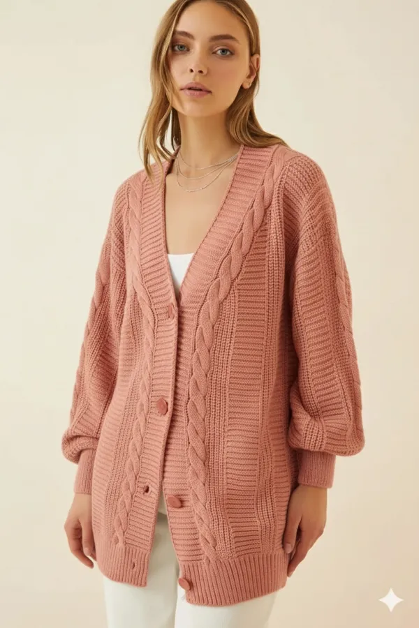 Kadın Yavruağzı Saç Örgü Desen Uzun Düğmeli Rahat Kesim Triko Hırka HZL23W-BD1100691