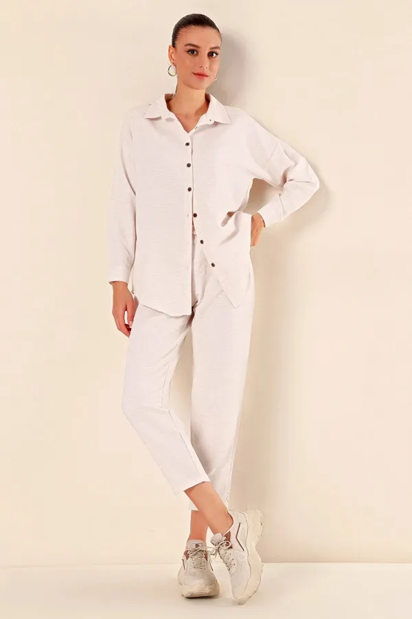Kadın Krem Keten Gömlek Pantolon  Alt-Üst İkili Takım HZL23W-BD166221