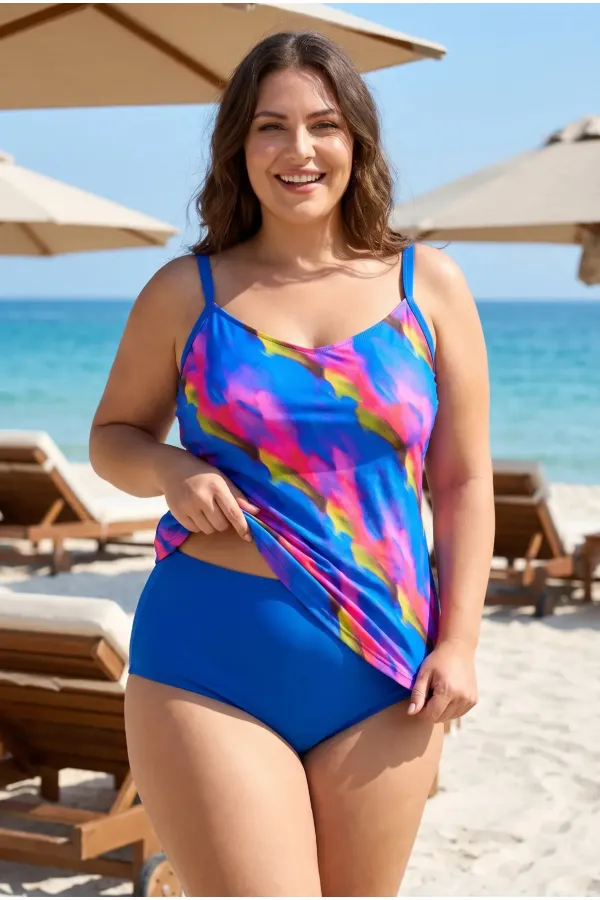 Women's Navy Blue Pink Patterned High Waist Shaping Bottom Plus Size Tankini HZL26S-LC2031 Women's Navy Blue Pink Patterned High Waist Shaping Bottom Plus Size Tankini HZL26S-LC2031