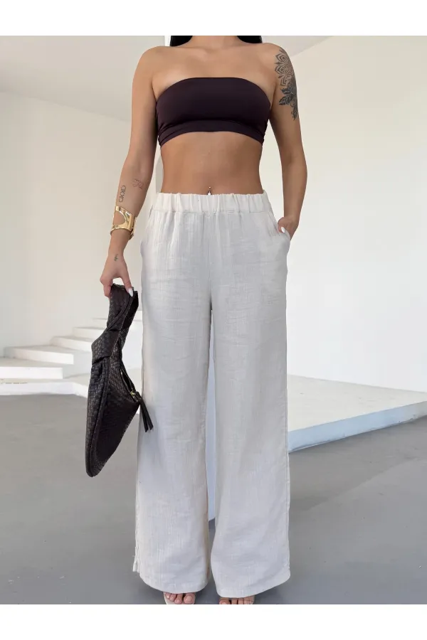 Kadın Krem Beli Lastikli Müslin Kumaş Bol Paça Pantolon HZL25S-DSB12221