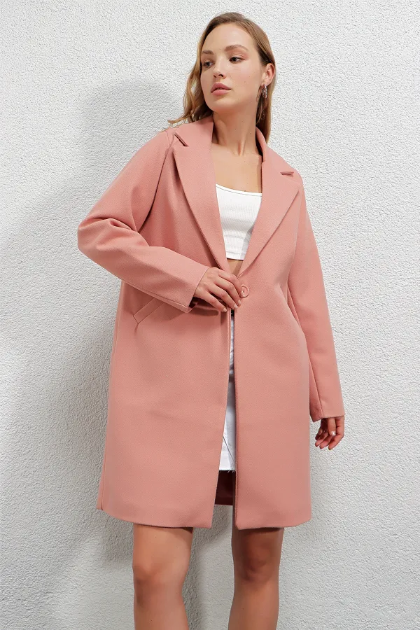 Kadın Pembe Tek Düğmeli Çift Cepli Astarlı Şık Kaşe Kaban HZL23W-BD190851