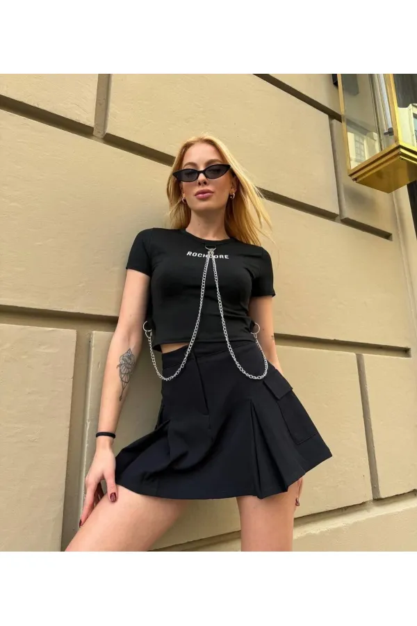 Kadın Siyah ROCKMORE Baskılı Zincir Aksesuarlı Crop T-Şihrt HZL24S-DSB120281