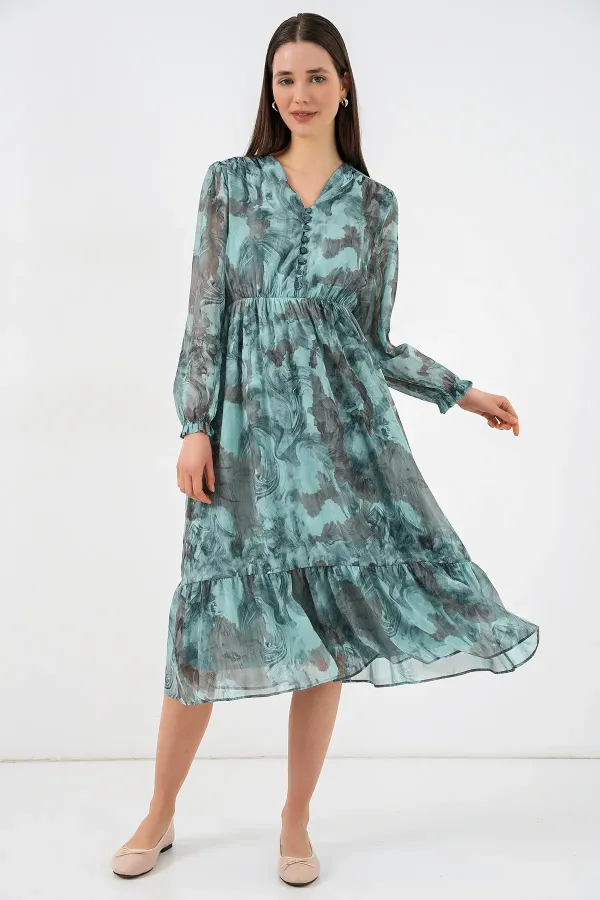 2137 Desenli Şifon Elbise - Mint Yeşili