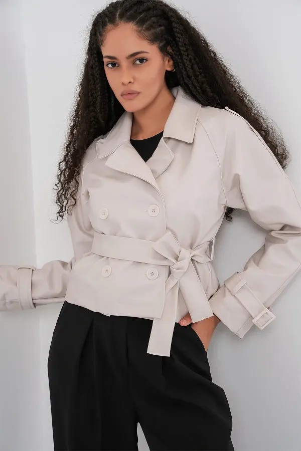 Women's Belted Faux Leather Jacket 1046 - Ecru