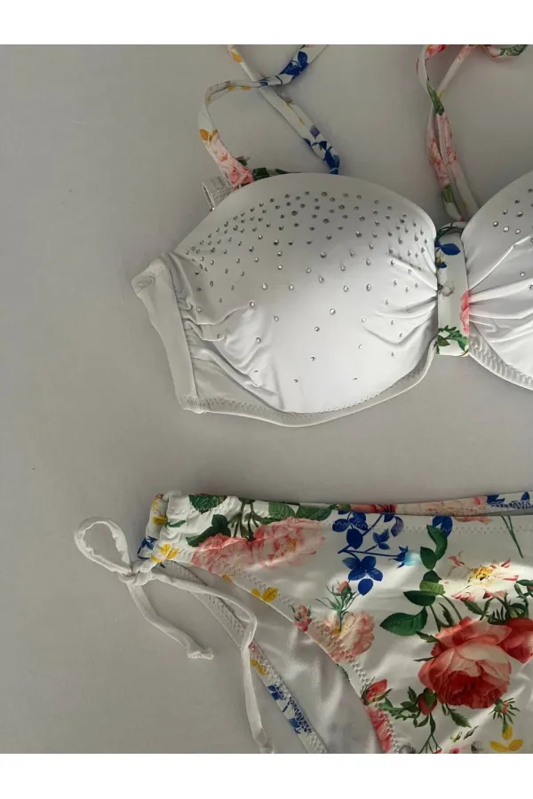 Ensemble bikini doublé brodé de pierres blanches pour femme HZL25S-LC208