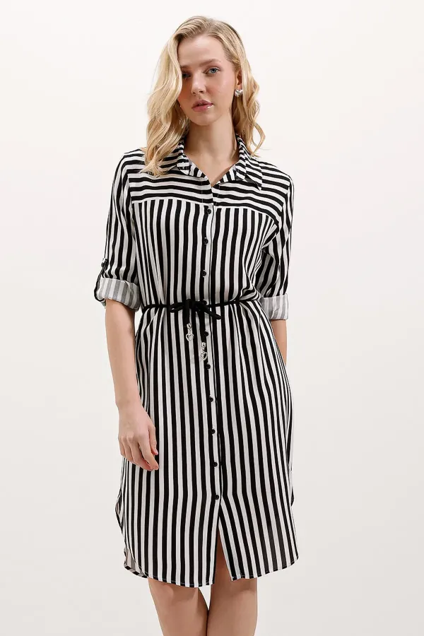 5629 Striped Belted Dress - Black