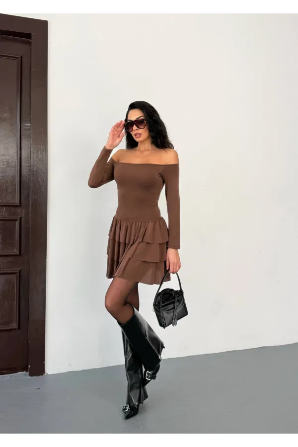 Robe mini marron sans bretelles pour femme, jupe à volants, modèle HZL25W-FRY123581