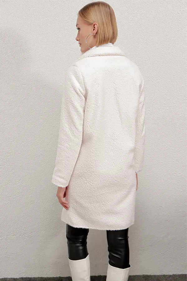 Kadın Kemik Tek Düğmeli Çift Cepli Astarlı Buklet Kaşe Kaban HZL22W-BD190821