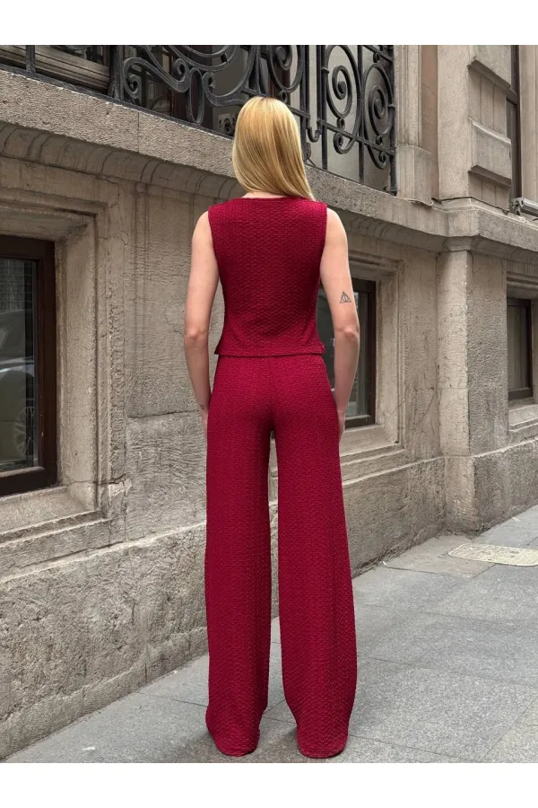 Kadın Bordo Beli Lastilkli Gofre Kumaş Pantolon HZL24S-ZK13261