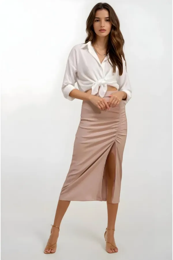 Kadın Bej Beli Lastikli Yırtmaçlı Uzun Etek HZL22S-BD118801