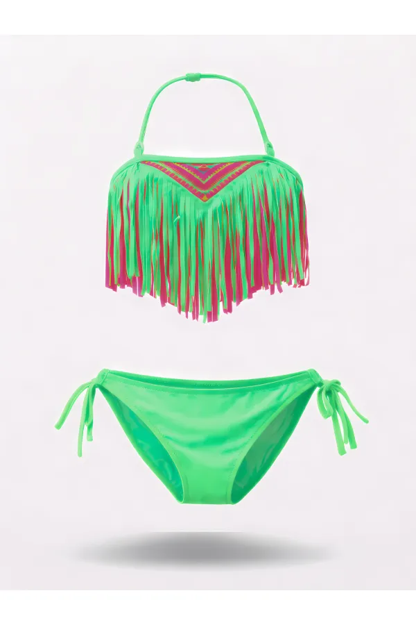 Girls' Neon Green Tassel Lined Bikini Set 4-12 Years HZL26S-LC18112