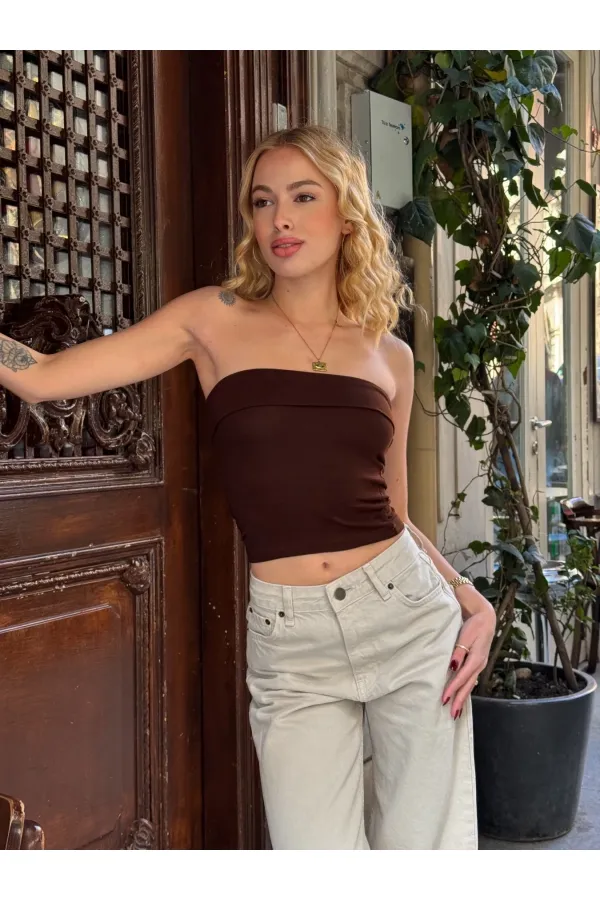 Kadın Kahverengi Katlamalı Straplez Bluz HZL24S-ZK11301