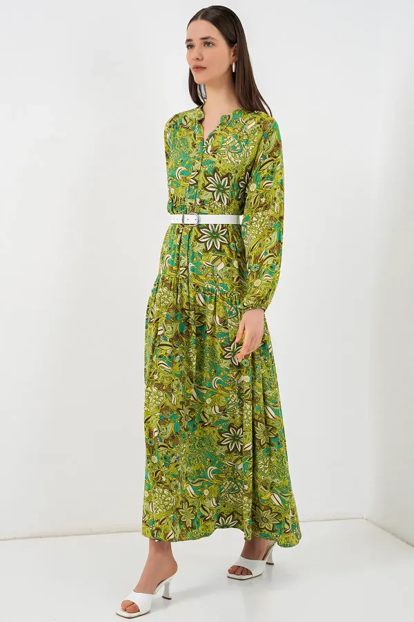 Kadın Desenli Uzun Tesettür Elbise 2585 - G.Yeşil