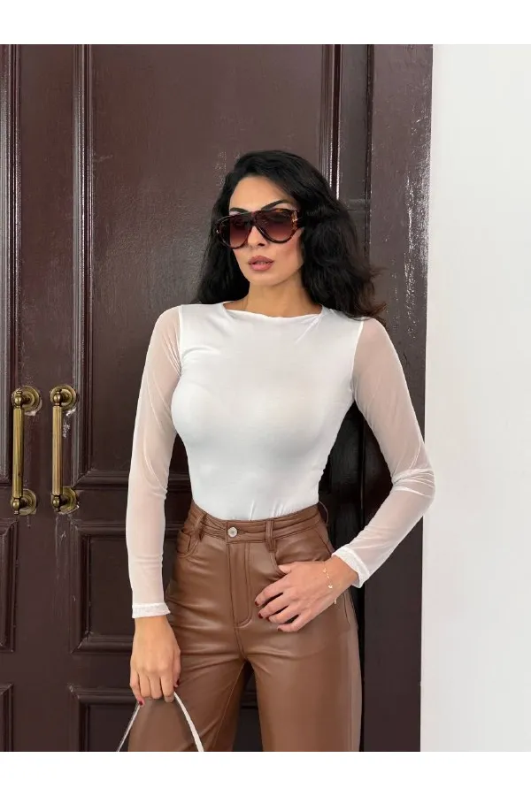 Kadın Beyaz Uzun Tül Kol Sandy Bluz HZL25W-FRY122521