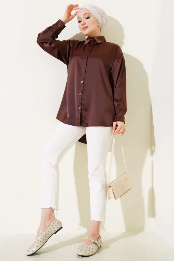 Chemise hijab marron satinée pour femme HZL25W-BD139641