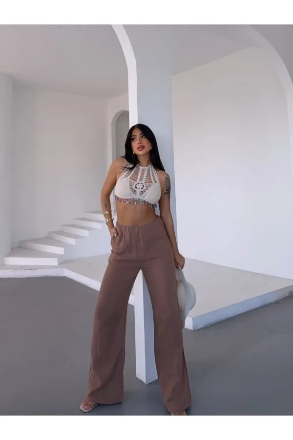 Kadın Camel Beli Lastikli Müslin Kumaş Bol Paça Pantolon HZL25S-DSB12221