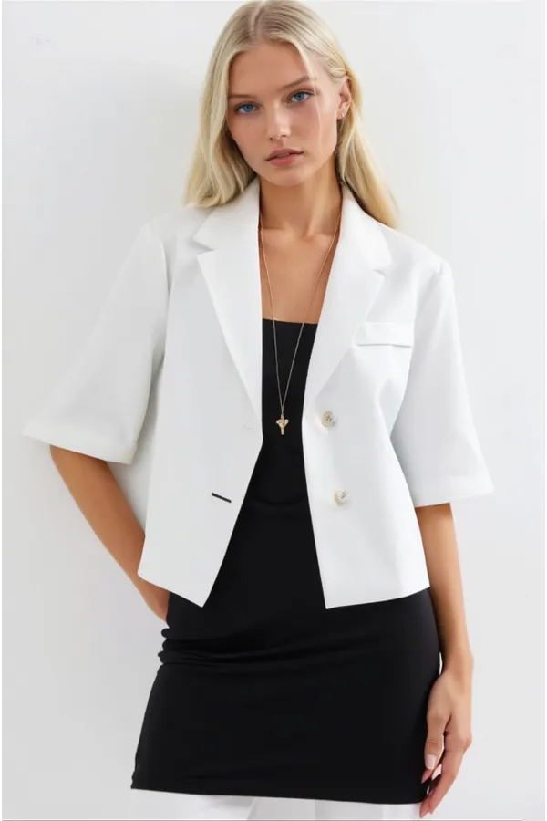 Veste Ayrobin blanche à manches courtes et col châle pour femme, boutonnée, en lin de saison, HZL24S-BD107061