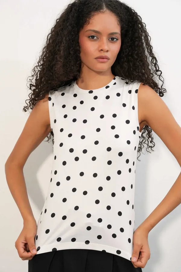 Women's White Satin Polka Dot Sleeveless Blouse HZL26S-BD1400131 Women's White Satin Polka Dot Sleeveless Blouse HZL26S-BD1400131