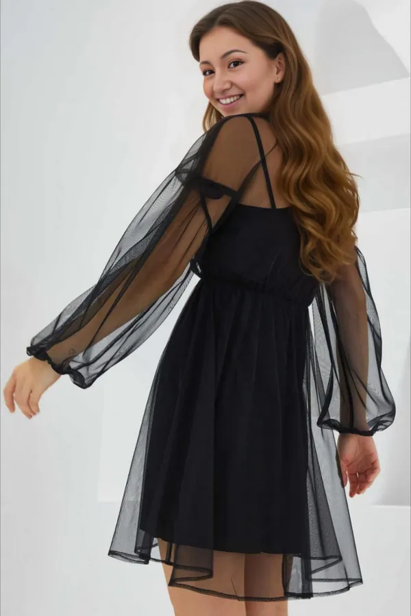 Robe courte noire en tulle doublée avec jupon pour femme HZL24S-BD124851