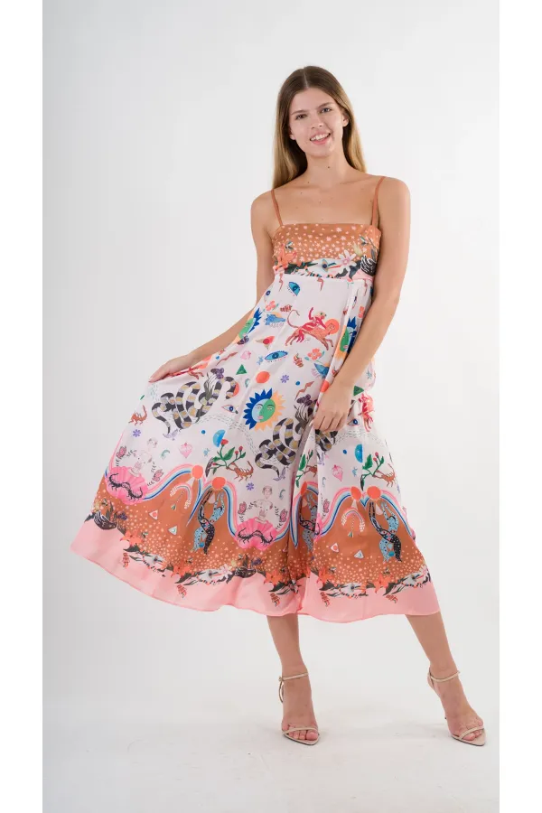 Kadın Çok Renkli İp Askılı Astarsız Uzun Elbise HZL24S-YY276