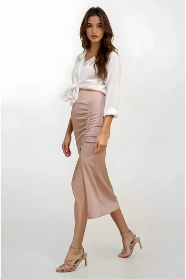 Kadın Bej Beli Lastikli Yırtmaçlı Uzun Etek HZL22S-BD118801