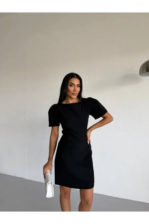 Women's Black Boat Neck Welt Pocket Short Sleeve Mini Dress HZL26S-FRY123891 Women's Black Boat Neck Welt Pocket Short Sleeve Mini Dress HZL26S-FRY123891