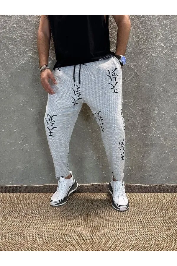 Pantalon de survêtement gris à motif japonais pour homme, coupe droite, taille nouée, HZL24S-MXC8948-193